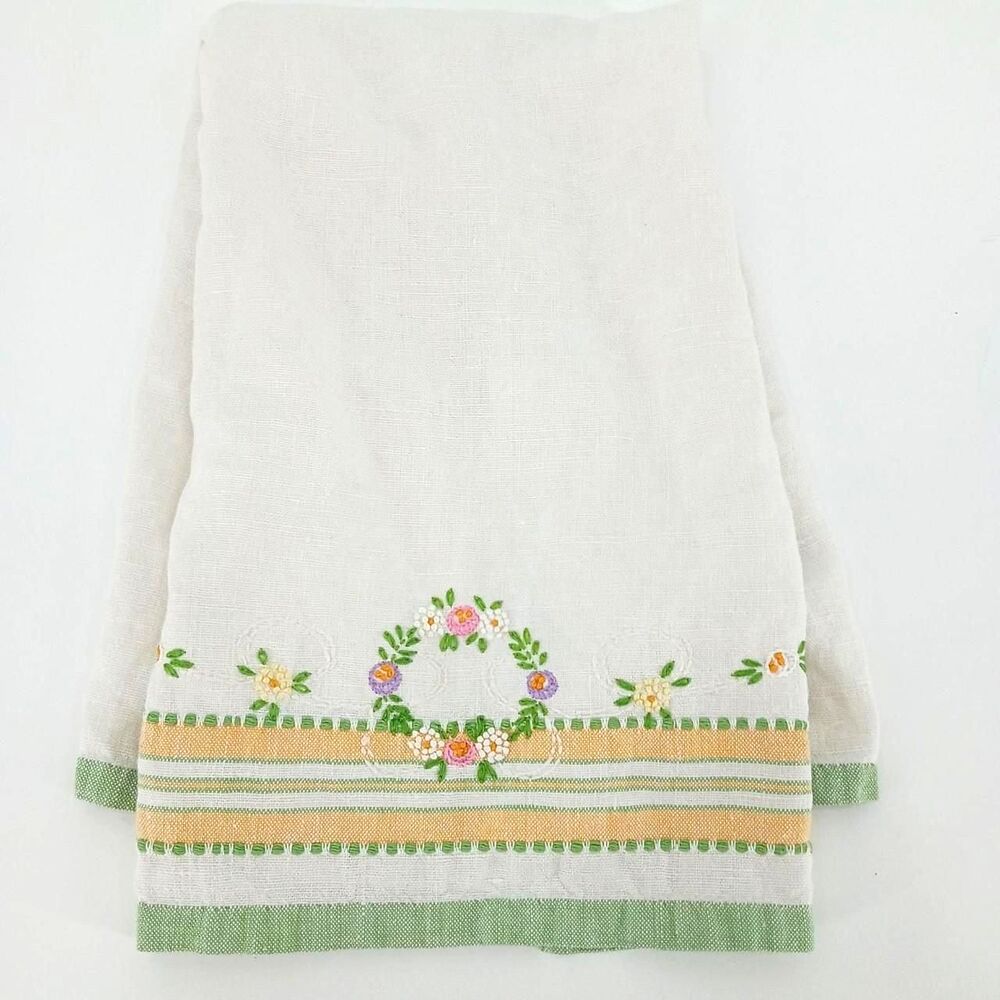 Vintage Hand Embroidered Linen Tea Towel 16x24 Floral Green Yellow Cottagecore